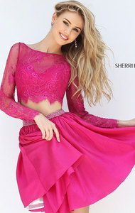 2 PC Sherri Hill 50556 Fuchsia Beaded Long Sleeved Homecoming Dresses Short