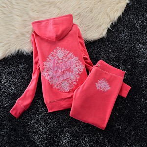 Juicy Couture Studded Flowers Logo Velour Tracksuit 6138 2pcs Women Suits Pink