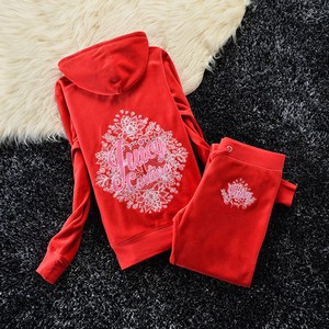 Juicy Couture Studded Flowers Logo Velour Tracksuit 6138 2pcs Women Suits Red