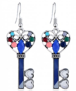 Stylish Rhinestone Heart Key Hook Earrings - Blue