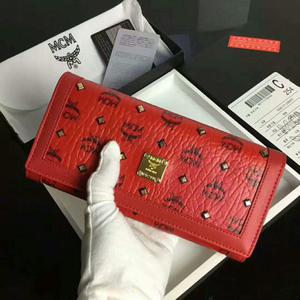 MCM Gold Visetos Trifold Long Wallet In Red