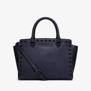 MICHAEL Michael Kors Selma Medium Studded Saffiano Leather Satchel Navy Blue