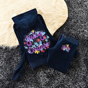 Juicy Couture Studded Colorful Flowers Velour Tracksuit 6023 2pcs Women Suits Navy