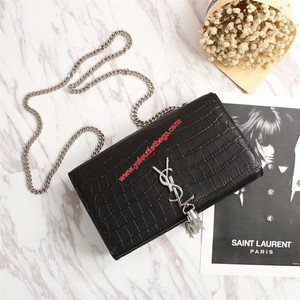 SAINT LAURENT MEDIUM KATE CHAIN AND TASSEL BAG IN CROCODILE EMBOSSED LEATHER BLACK