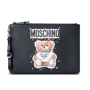 Moschino Safety Pin Teddy Women Leather Clutch Black