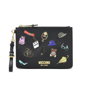 Moschino Iconic Badges Women Leather Clutch Black