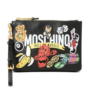 Moschino Badges Patch Women Leather Clutch Black