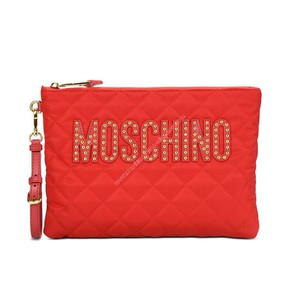 Moschino Studded Logo Women Quilted Techno Fabric Clutch Red