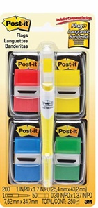 Post-it Flags Value Pack with Free Flag + Highlighter, Assorted Primary Colors, 1 in wide, 50 tabs per dispenser, 4-Dispensers (680-RYBGVA