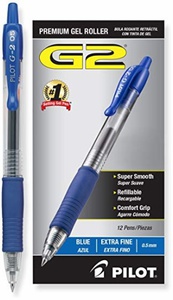 Pilot G2 Retractable Premium Gel Ink Roller Ball Pens Extra Fine (.5) Dozen Box Blue ; Retractable, Refillable & Premium Comfort Grip; Smooth Lines to End of the Page, America’s #1 Selling Pen Brand