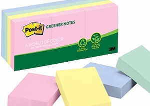 Post-it Greener Notes 653RPA Recycled Note Pads, 1 1/2 x 2, Assorted Helsinki Colors, 100-Sheet (Pack of 12)