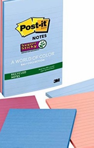 Post-it Recycled Super Sticky Notes, 2x Sticking Power, 4 in x 6 in, Bali Collection, Lined, 4 Pads/Pack, 45 Sheets/Pad (4621-SSNRP)