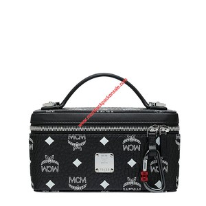 MCM Small Rockstar White Logo Visetos Vanity Case In Black