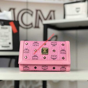 MCM Medium Gold Visetos Trifold Wallet In Pink