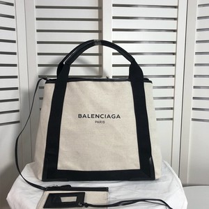 Balenciaga Navy Medium Cabas Canvas And Calfskin In Beige