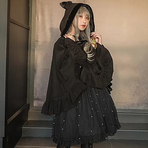 Lolita Black Ruffled Cat Ears Hoodie Cape