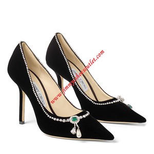 JIMMY CHOO LOVE 100 VELVET POINT-TOE PUMPS WITH CRYSTAL MIX NECKLACE DETAIL BLACK