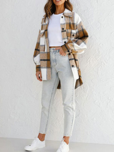 Blouse For Women Pink Polyester Turndown Collar Plaid Pattern Long Sleeves Casual Shirt - Milanoo.com
