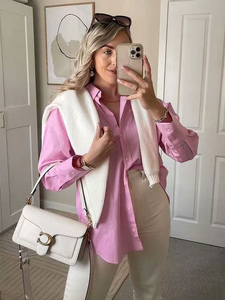 Blouse For Women Pink Polyester Turndown Collar Stretch Casual Buttons Long Sleeves Shirt - Milanoo.com