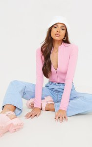 Pink Rib Zip Up Long Sleeve Bodysuit | PrettyLittleThing UAE