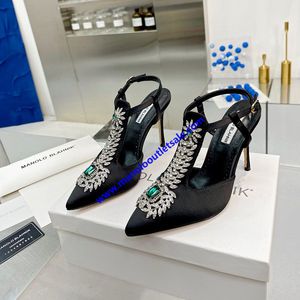 Manolo Blahnik Jamala Slingback Pumps Satin With Crystal Embellished Black