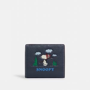 Coach Snap Wallet in Pebble Leather with Peanuts Snoopy Ski Motif Navy Blue