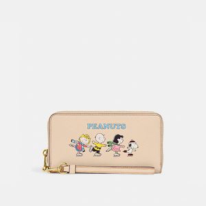 Coach Long Zip Around Wallet in Pebble Leather with Peanuts Snoopy and Friends Motif Apricot