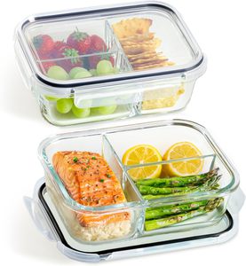 Praknu Meal Prep Boxen Glas 3 Fächer - Glasdosen 2er Set mit Deckel 1000ml