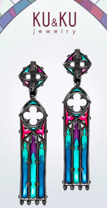 Длинные серебряные серьги Готика с эмалью и раух топазом