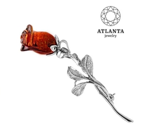 Брошь "розочка" серебро+янтарь