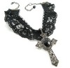Lillitth's Ghost - A GORGEOUS COUTURE NOIR JET BLACK CRYSTAL ACCENTED GOTHIC CROSS CHOKER on VINTAGE BLACK RUFFLED LACE - WOW -
