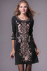 Half Sleeves Flowers Embroidery Black Dress