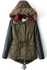 Army Green Contrast PU Leather Faux Fur Hood Coat - Sheinside.com