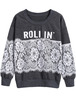 Grey Contrast Lace Letters Print Sweatshirt - Sheinside.com