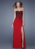 Crimson Lace Beaded Top Slit Cut Prom Dress