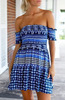Blue Off The Shoulder Print Beach Dress - Sheinside.com