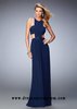 Statuesque Navy Ruched Jeweled Halter Prom Gown for Womens