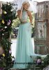 Dazzling Beaded Lace Halter Crop Top Two Piece Light Green Prom Dresses 2016