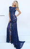 Beaded Cap Sleeves Bateau Neckline Lace Applique Long Chiffon Prom Dresses Navy/Nude 2016