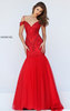 Plunging V Neckline Sherri Hill 50212 Slim Straps 2016 Beaded Patterned Red Long Chiffon Prom Dresses