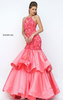 Sherri Hill 50266 Beaded Patterned Halter Neckline 2016 Coral Tiered Long Satin Prom Dresses
