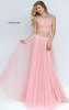 Lace Appliques Two Piece Open Back Cap Sleeves Pink Beaded Tulle Long Slit Prom Dresses 2016