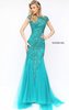 High Neckline Cap Sleeves Beaded Patterned Jade 2017 Pleated Long Tulle Evening Dresses