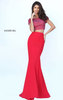 Sherri Hill 50614 Two Piece Beaded Patterned High Neckline Short Sleeves Red Long Satin Evening Dresses 2017