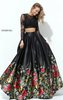 Two Piece Lace Long Sleeves 2017 High Neckline Black/Red Floral Printed Long Satin Evening Dresses