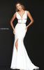 Sleeveless Plunging V Neckline Ivory 2016 Beaded Embellishments Satin Long Slit Prom Dresses
