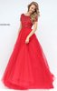 Beaded Patterned Red Bateau Neckline Open Back Short Sleeves Long Tulle Evening Dresses 2017