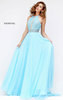 Cheapest Halter Neck Sherri Hill 50454 Beaded Waistband Light Blue Chiffon Long Pleated Prom Dress