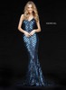 V Neck Sherri Hill 51206 Slim Straps Navy Elegant Sequin Embellishment Long Beaded Pattern Evening Gown On Sale