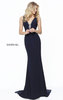 2017 Sherri Hill Queen 50814 Navy Jersey V Neck Cutout Fitted Evening Gown